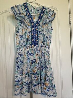 Poupette St. Barth White Sundress with Blue and Mustard Floral Print